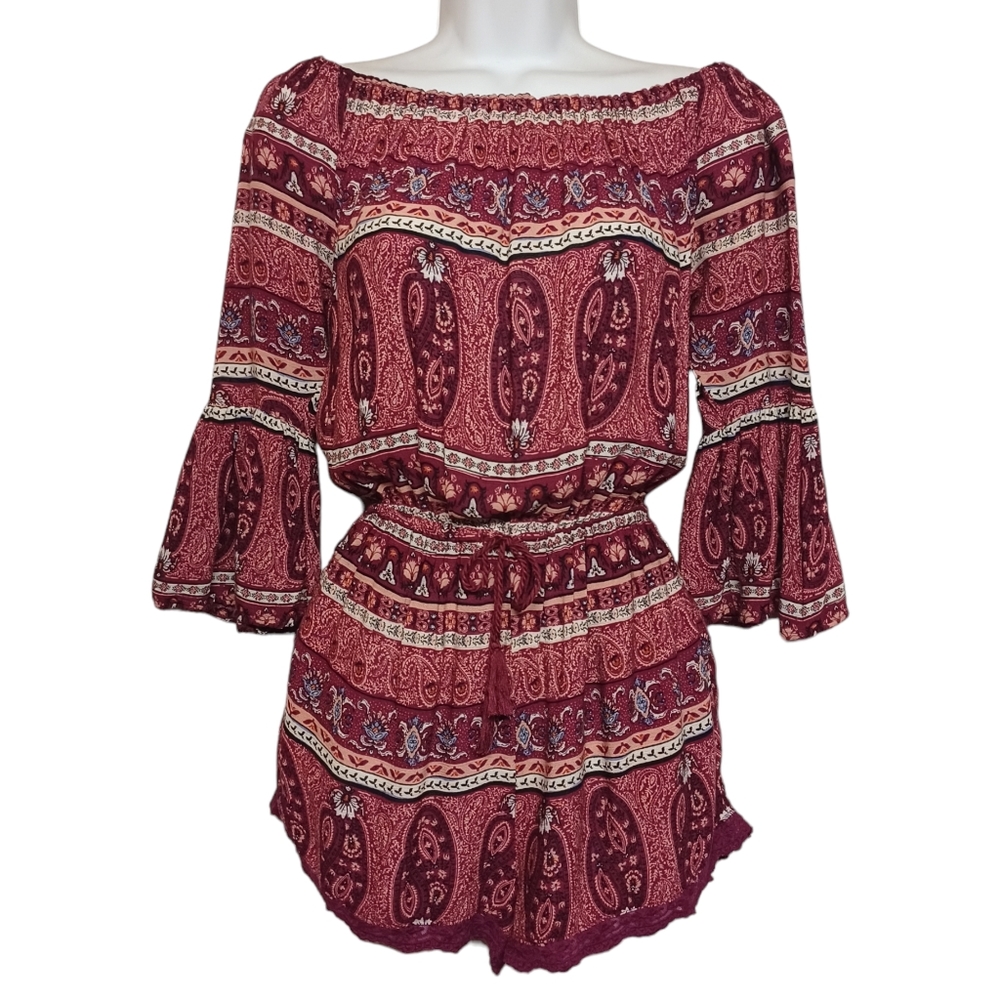 FOREVER 21 Romper Burgundy Red Paisley Boho Stripe Print Off Shoulder Small